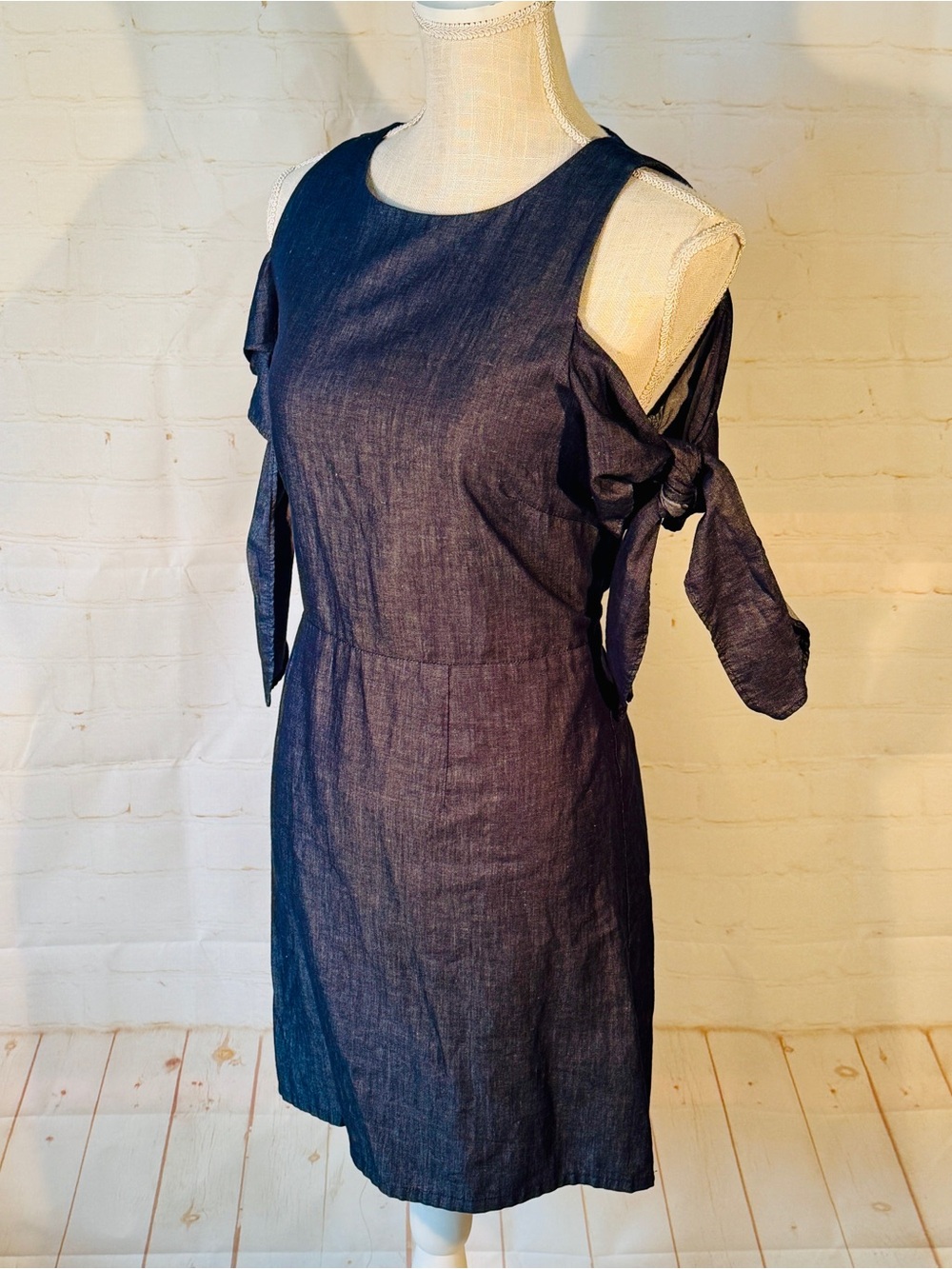 Laundry By Shelli Segal Linen Blend Chambray Navy Dark Blue Tie Sleeve Dress S 6